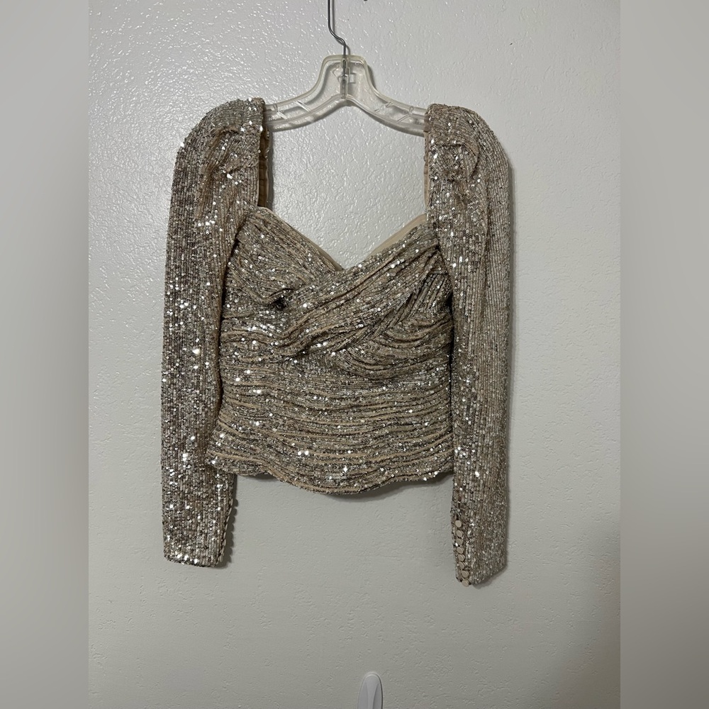 Self-Portrait Champagne Gold Sequin Ruched Crop Top Blouse Party Cocktail Glam
